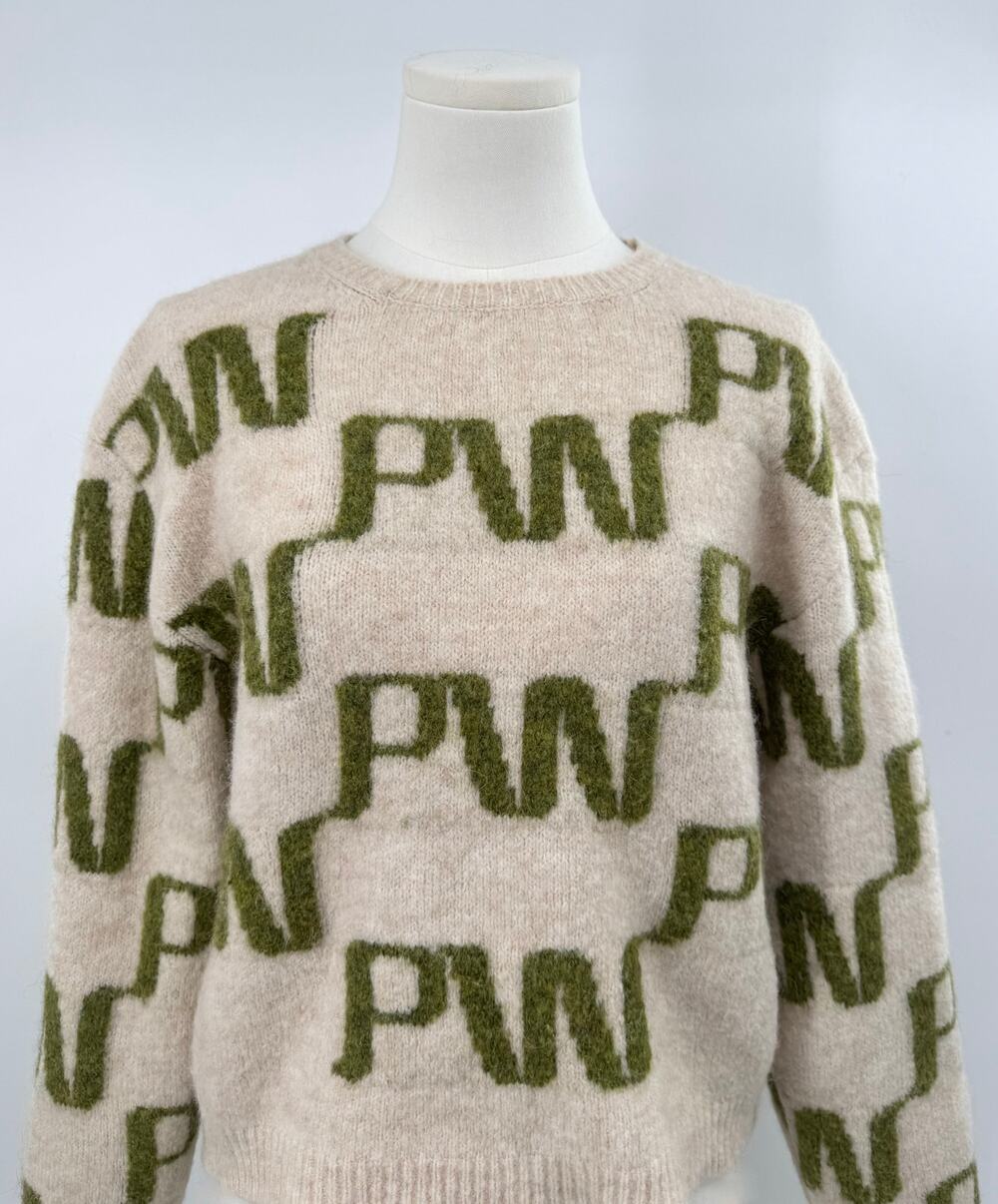 Paloma Wool Windows Pullover Sweater Oatmeal Green Logo Wool Alpaca Crewneck M